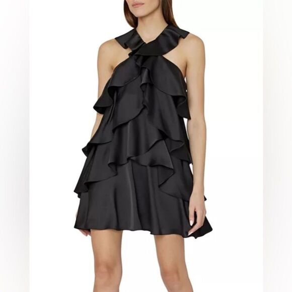 MILLY Lexi Satin Ruffled Mini Dress size 6 NWT Black Sleeveless A-Line